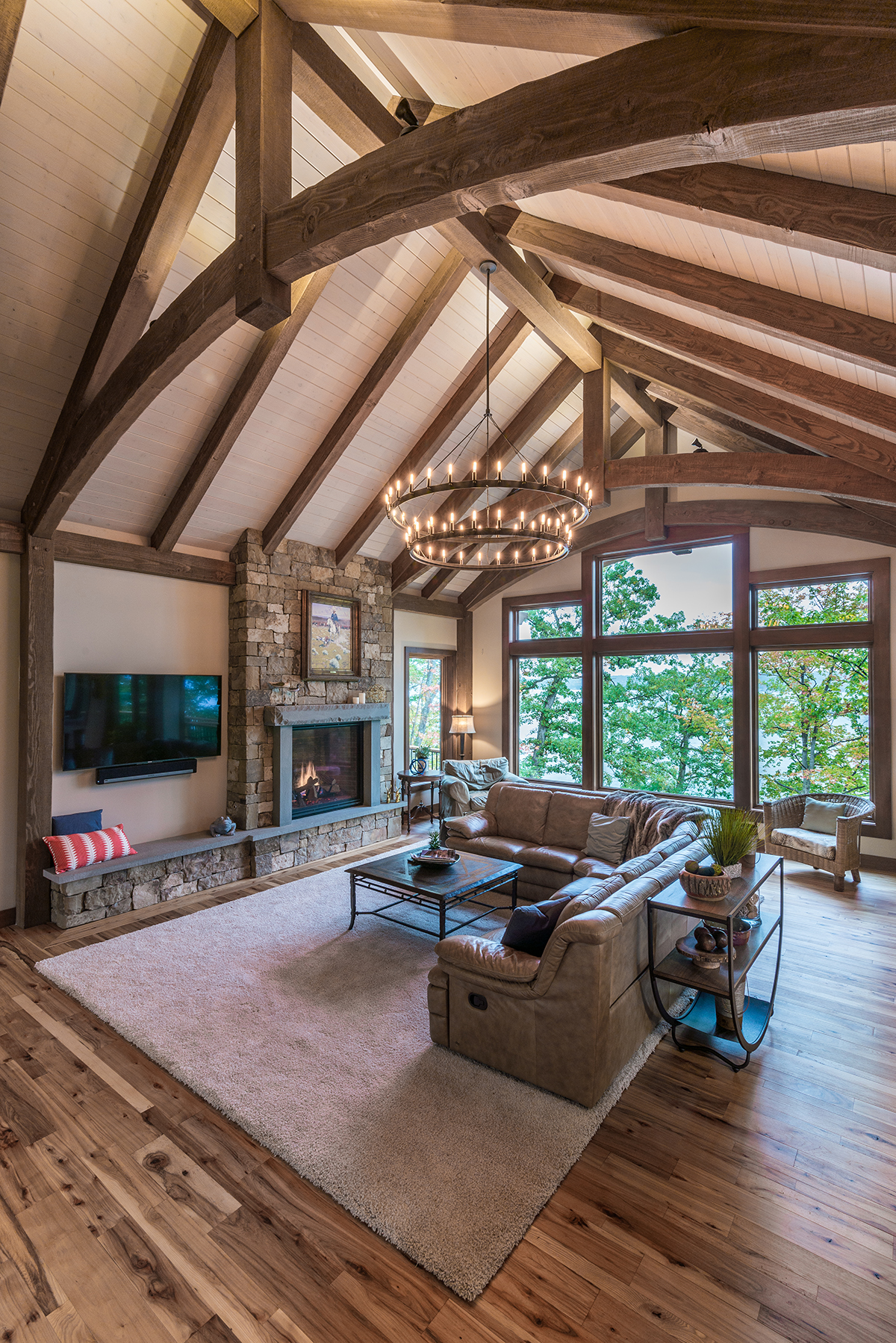 Douglas fir rough sawn and draw-knife edged timbers with a two-step color finish. Photo: Scott Hemenway.