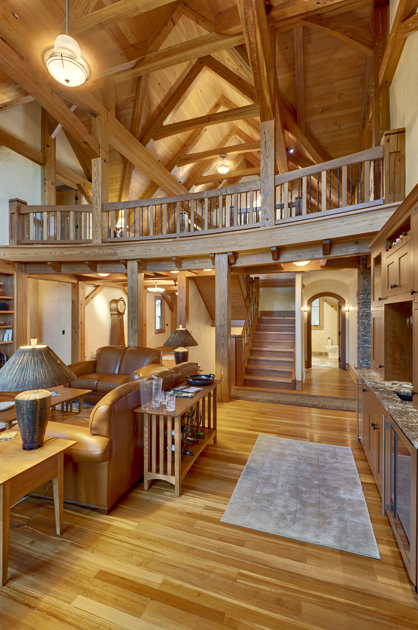 That resin glow! Reclaimed Heart Pine timbers and flooring are a few of the most visible ecologically conscious pieces of this Balsam Mountain Preserve LEED H home.