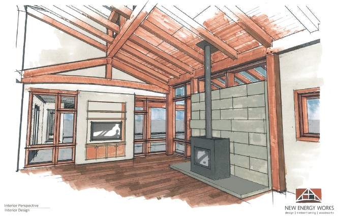 The great room combines a blend of materials and balances warm and cool hues.