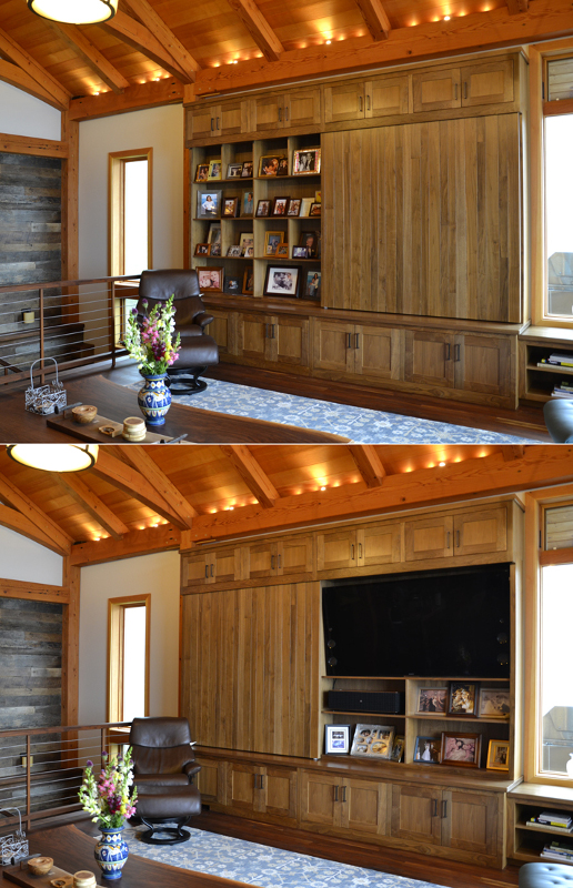 The built-ins in our projects are crafted with the same detail as custom furniture as they are, to us, simply unmovable furniture. Due to their permanence, the design focuses more heavily on function than aesthetics. Here a sliding door moves to reveals the television in the Olsen’s great room.