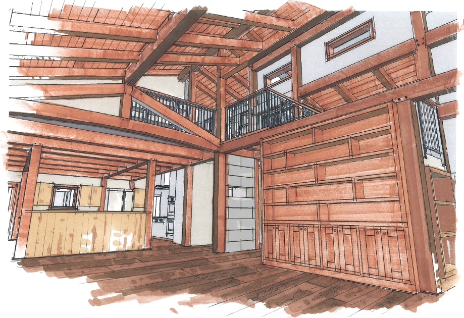 The great room enjoys natural light from the clerestory with open connections to the kitchen and loft.