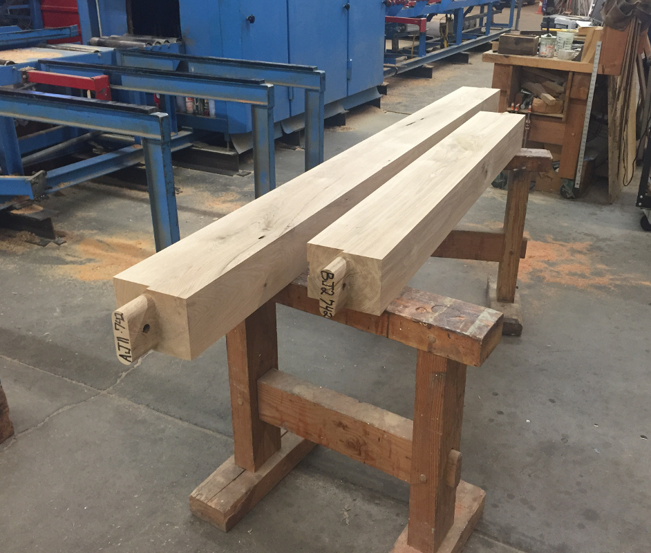 In process in our timber frame shop, these oak timbers for this PA project are coded and ready for finishing touches.