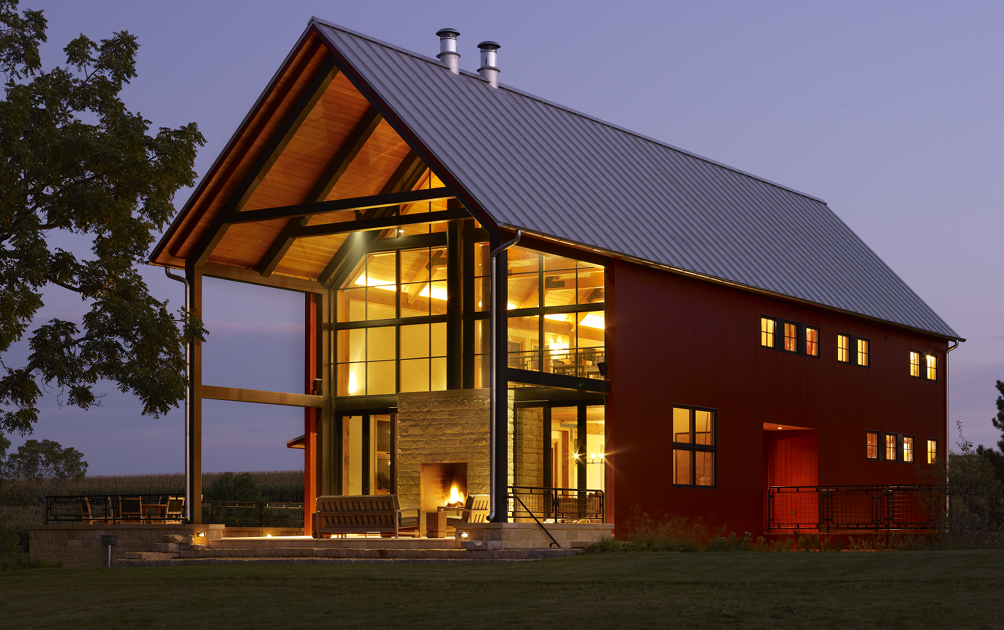 We raised the simple and clean lined trusses for this Wisconsin project in 2011. Situated on a 200 acre farm, the home reflects the surrounding agrarian style, but has a modern, open floor plan with expansive views created using advanced Eco-conscious, sustainable building materials and mechanical systems. Pretty neat mixture. We raised this with our friends at Traditional Carpentry and design partners Northworks Architects.